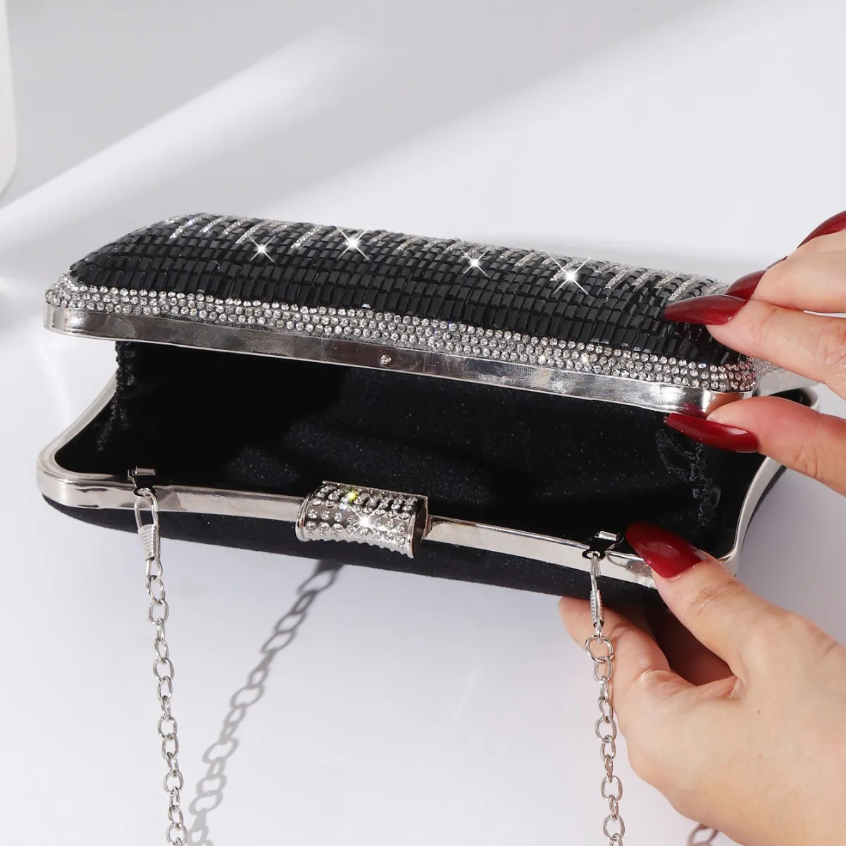 Trendy Luxury Black White Evening Bags Shining Diamond Small Box Clutch For Women Wedding Party Chain Shoulder Bags Prom Handbag - Image 3