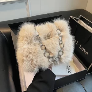 Korean Beige White Ladies Handbags 2024 Autumn Winte Soft Plush Chain Shoulder Bag Crossbody For Women Daily Shopping Handbags