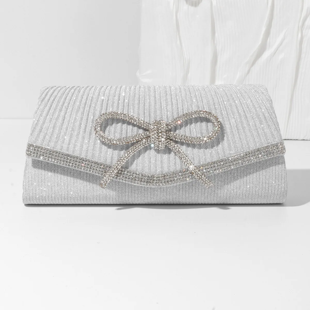 Fine Glitter Rhinestone Bow Small Clutch Handbags For Women Fashion Silver Black Blue Chain Shoulder Bag Crossbody Wedding Bag - Image 4